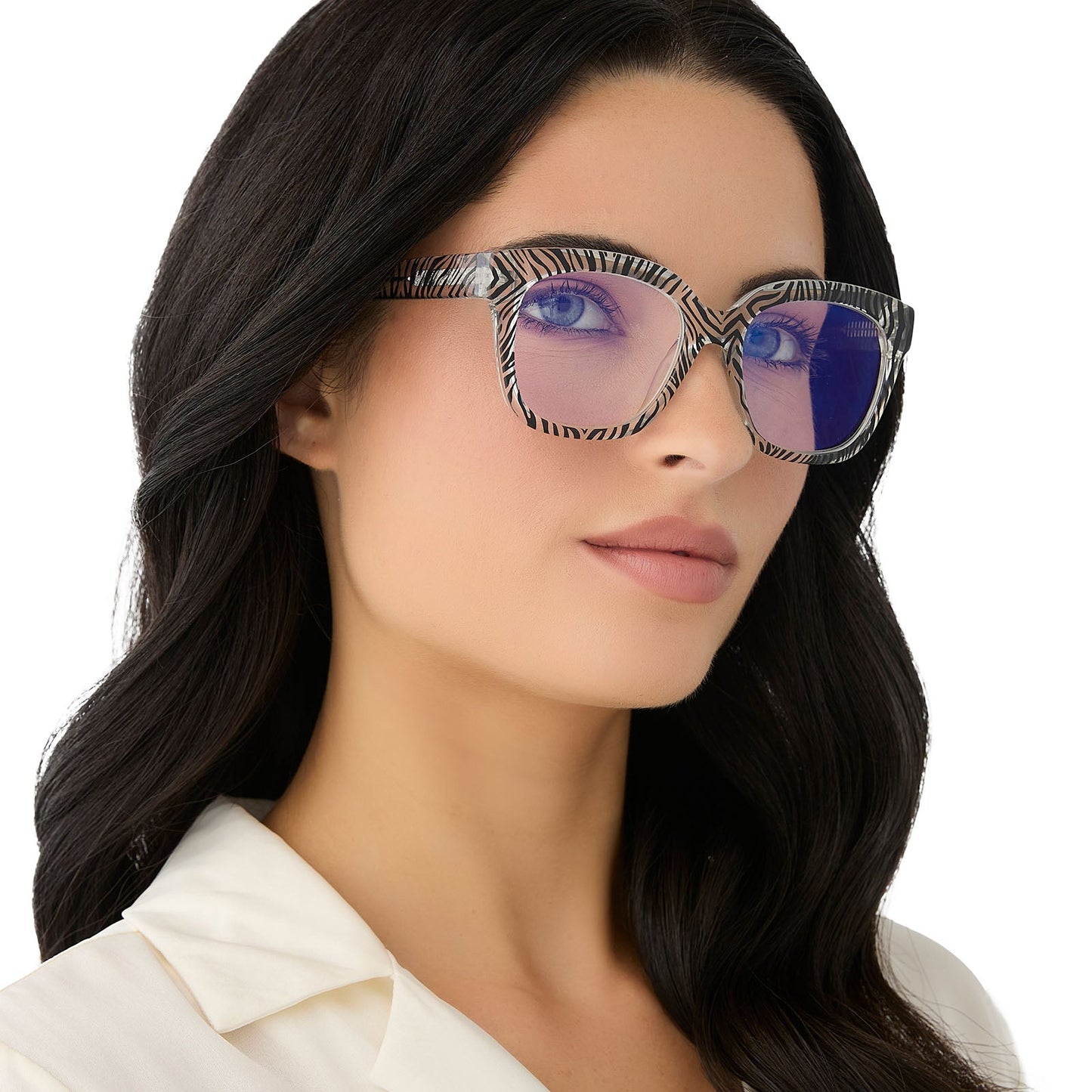 on model - female wearing diff eyewear featuring the ava square blue light readers with a zebra frame angled view