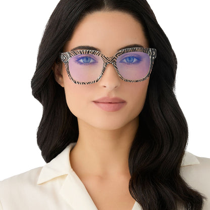 on model - female wearing diff eyewear featuring the ava square blue light readers with a zebra frame front view