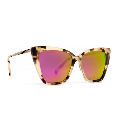 Becky II sunglasses with cream tortoise frame and pink mirror lens- angle view