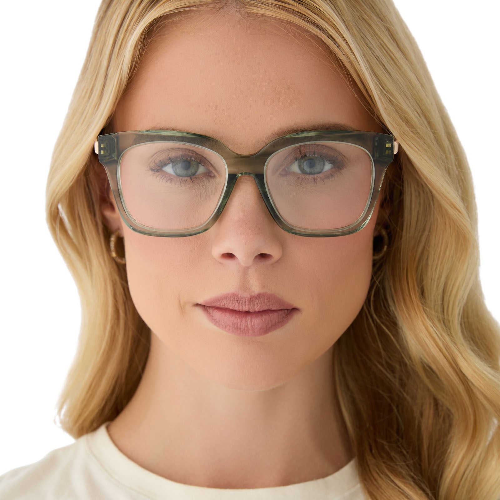 on model - female wearing diff eyewear featuring the bella xs square prescription glasses with a cool matcha green frame front view