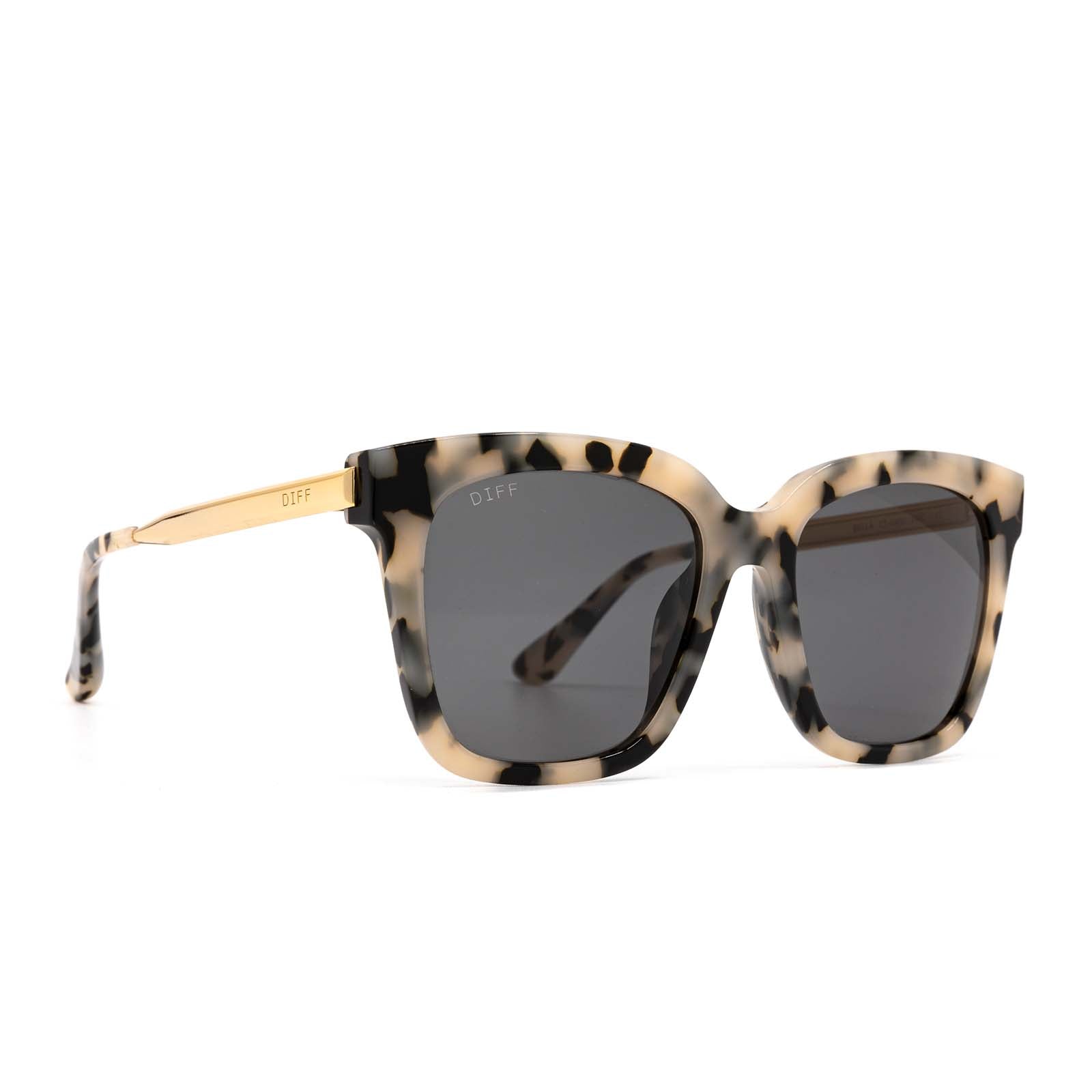 diff eyewear bella square sunglasses with a cream tortoise frame and grey lenses angled view