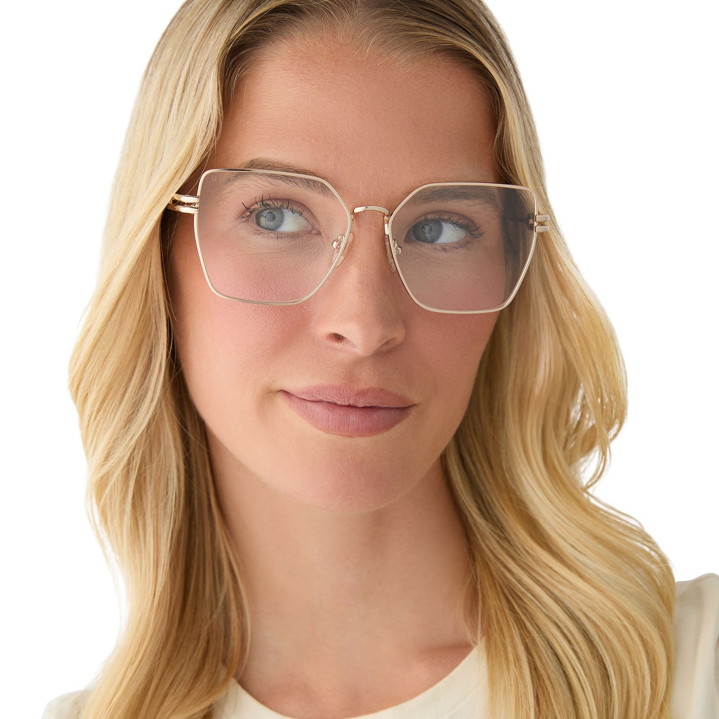 on model - female wearing diff eyewear bonnie square prescription glasses with a gold metal frame front view