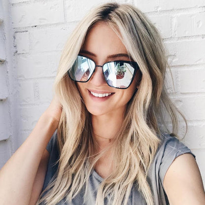 customer content - BECKY - BLACK + FLASH GREY GRADIENT SUNGLASSES model