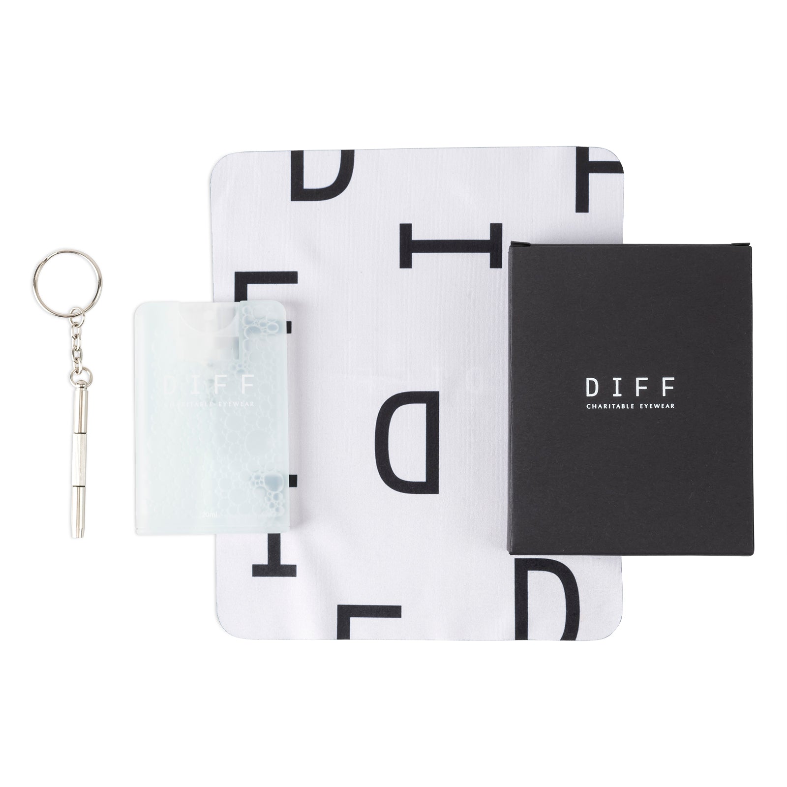 DIFF Eyewear Black Cleaning Care Kit with cloth, cleaning solution and screw driver