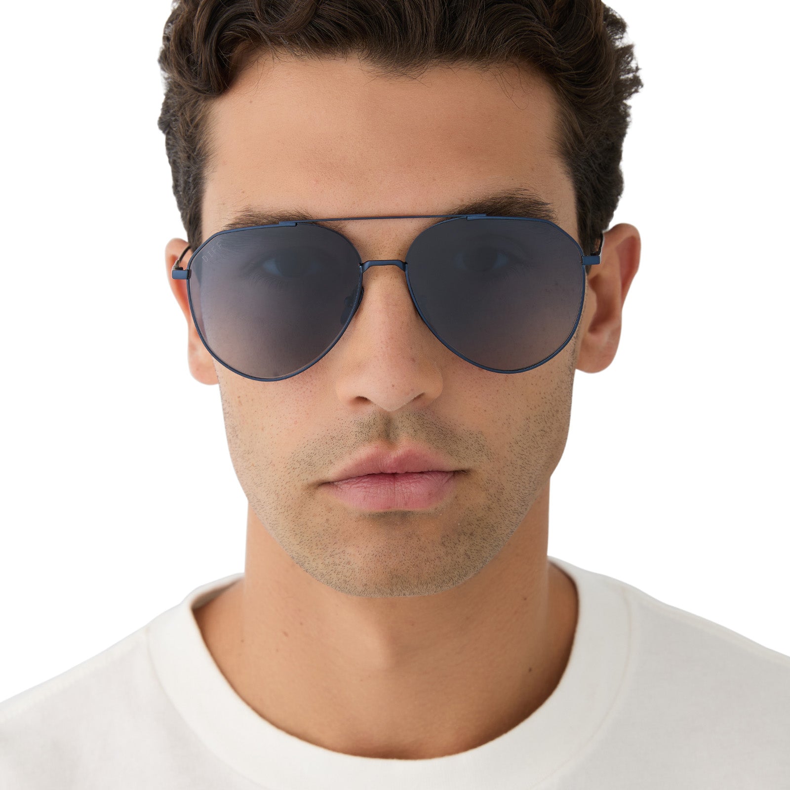 on model - male wearing diff eyewear featuring the dash aviator sunglasses with a deep navy metal frame and aegean blue flash lenses front view