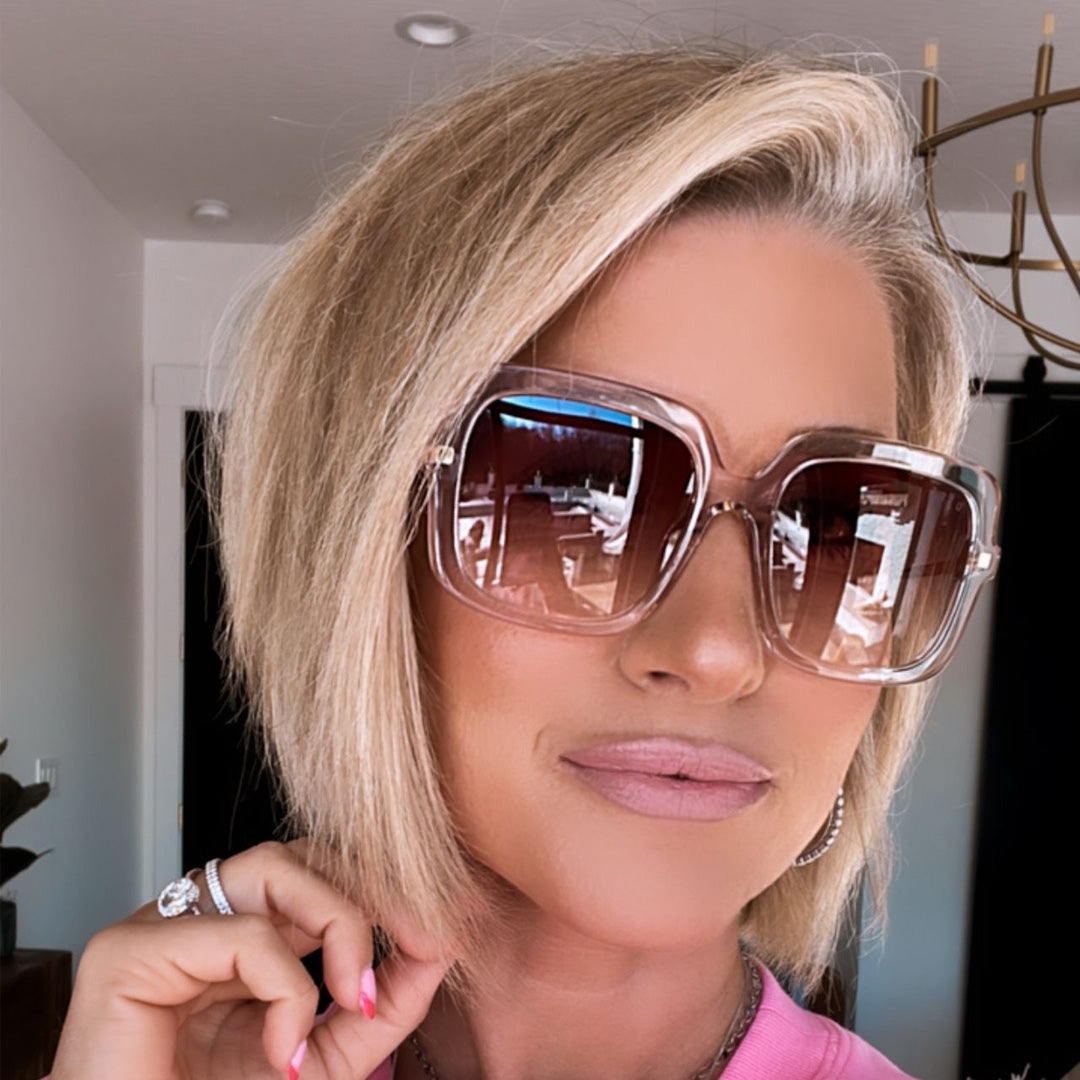 lifestyle - Kalee Rogers wearing the Diff Eyewear Sandra Light Pink Crystal Dusk Gradient Sunglasses for Women