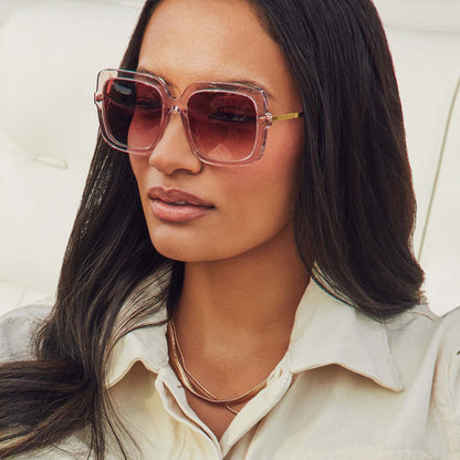 on model - womens sunglasses from DIFF Eyewear Sandra Light Pink Crystal Dusk Gradient