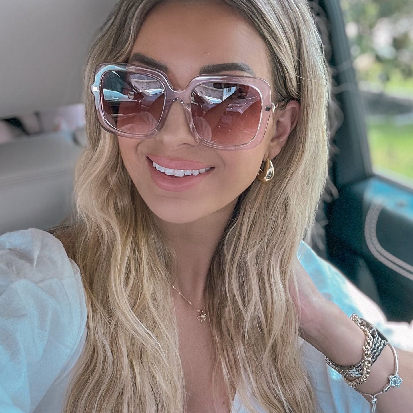 lifestyle - Brookel McDonald wearing the Diff Eyewear Sandra Light Pink Crystal Dusk Gradient Sunglasses for Women