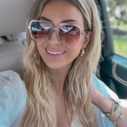 lifestyle - Brookel McDonald wearing the Diff Eyewear Sandra Light Pink Crystal Dusk Gradient Sunglasses for Women