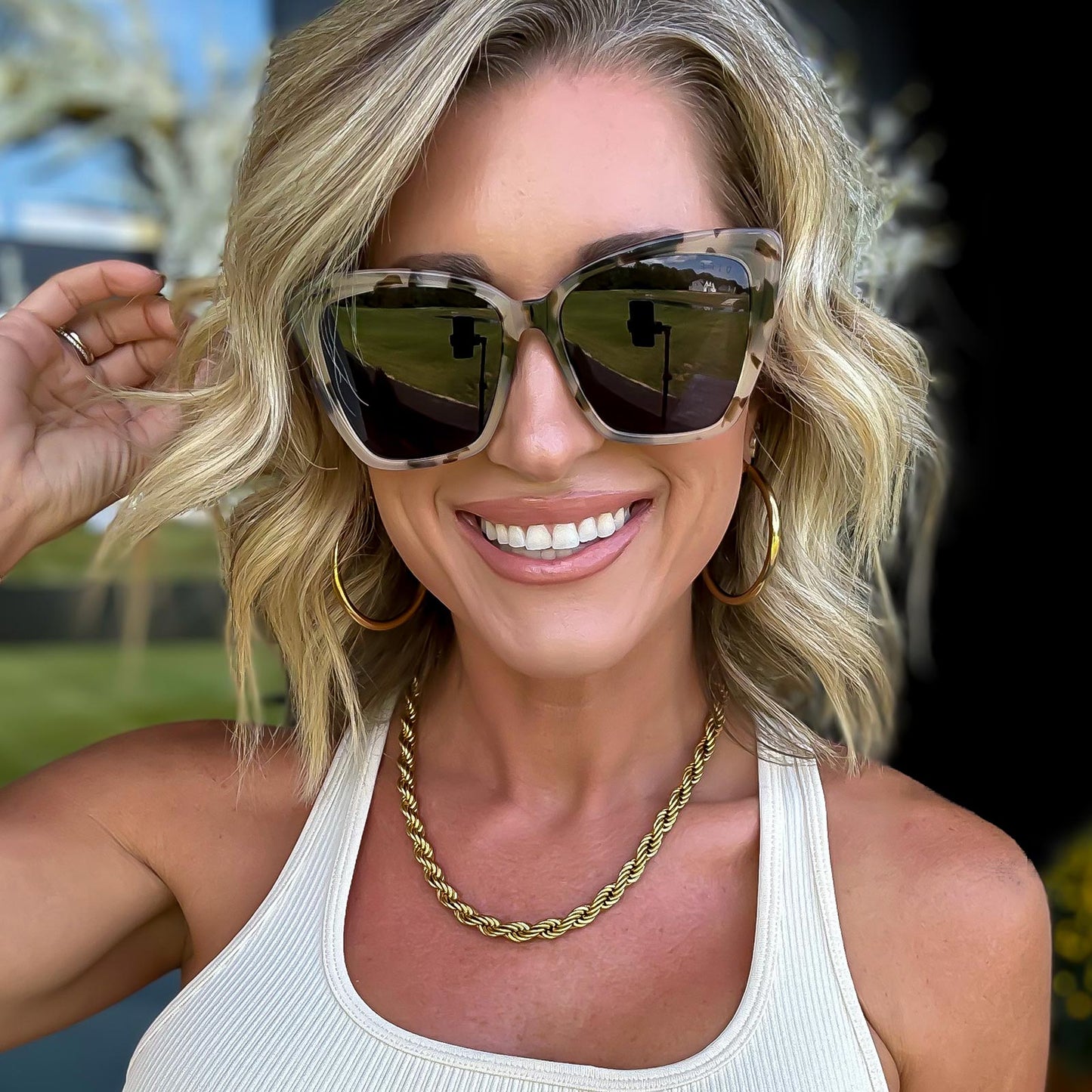 lifestyle - Kalee Rogers wearing the Becky II Cream Tortoise + Grey womens sunglasses from DIFF Eyewear