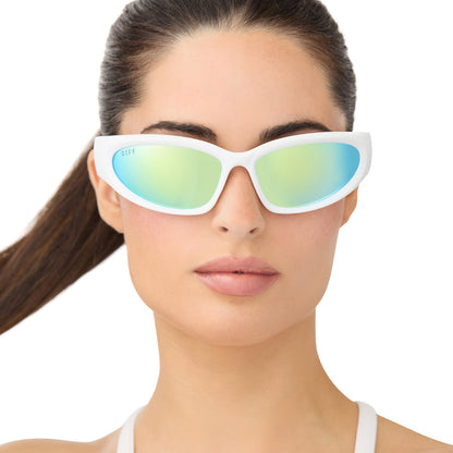 on model - female wearing diff sport side out wrap sunglasses with a matte white frame and turquoise ice mirror polarized lenses front view