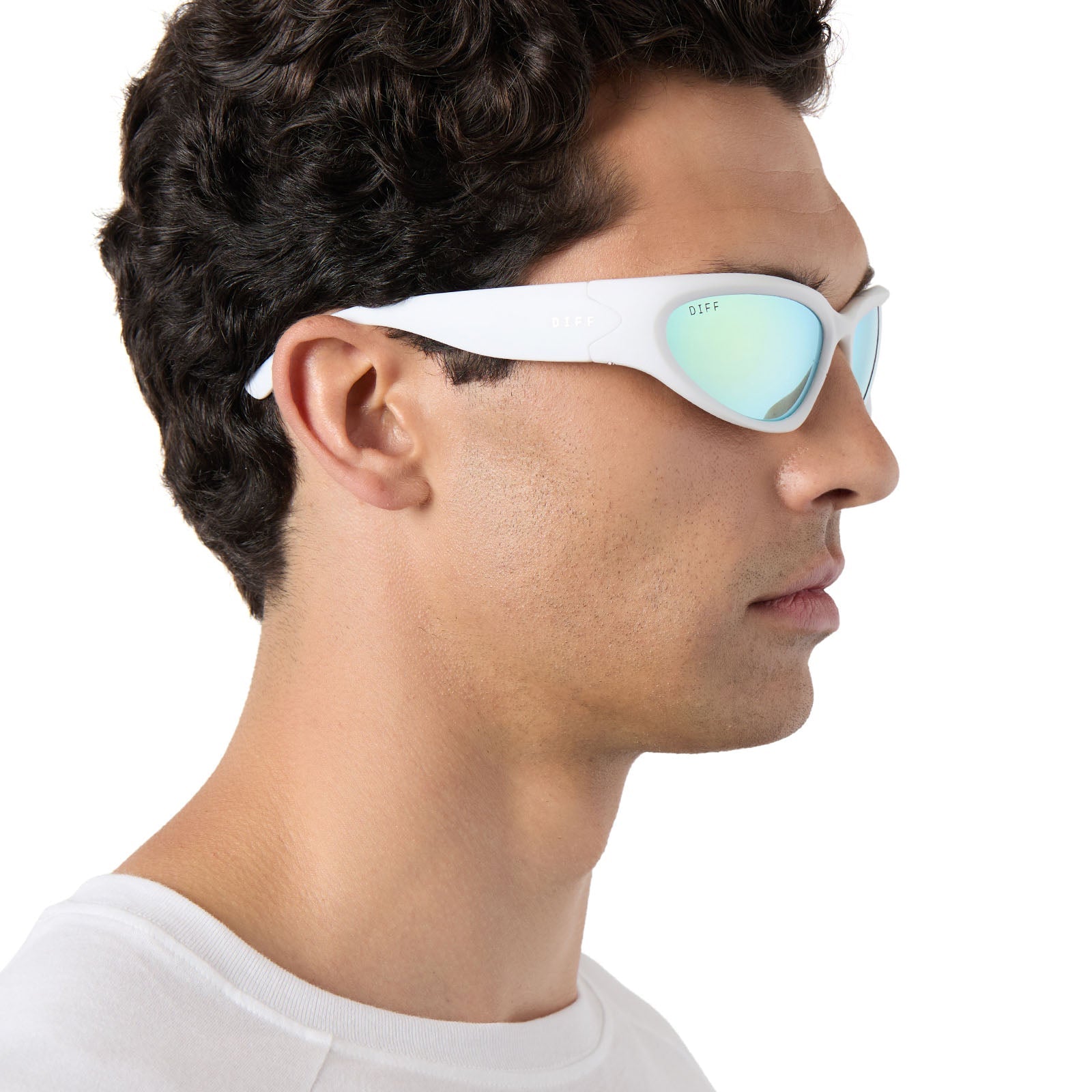 on model - male wearing diff sport side out wrap sunglasses with a matte white frame and turquoise ice mirror polarized lenses side view