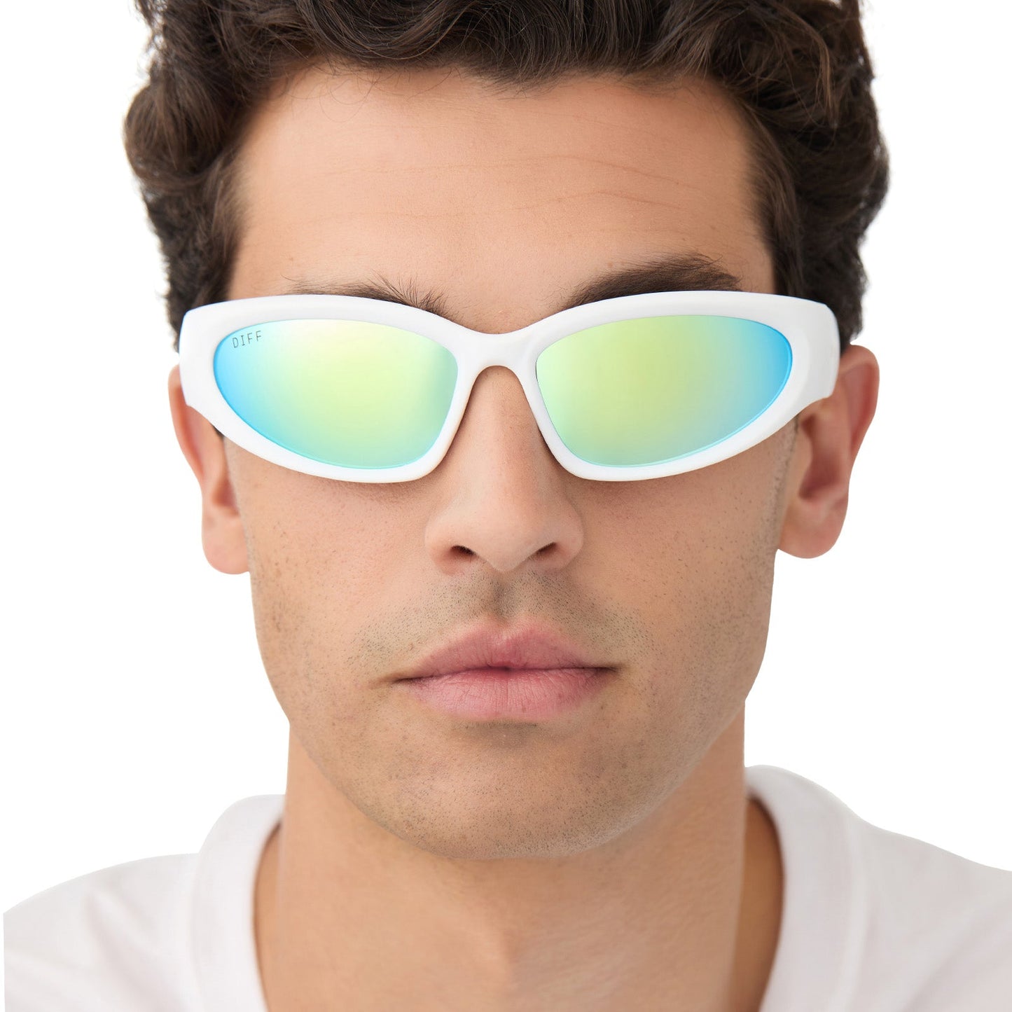 on model - male wearing diff sport side out wrap sunglasses with a matte white frame and turquoise ice mirror polarized lenses front view