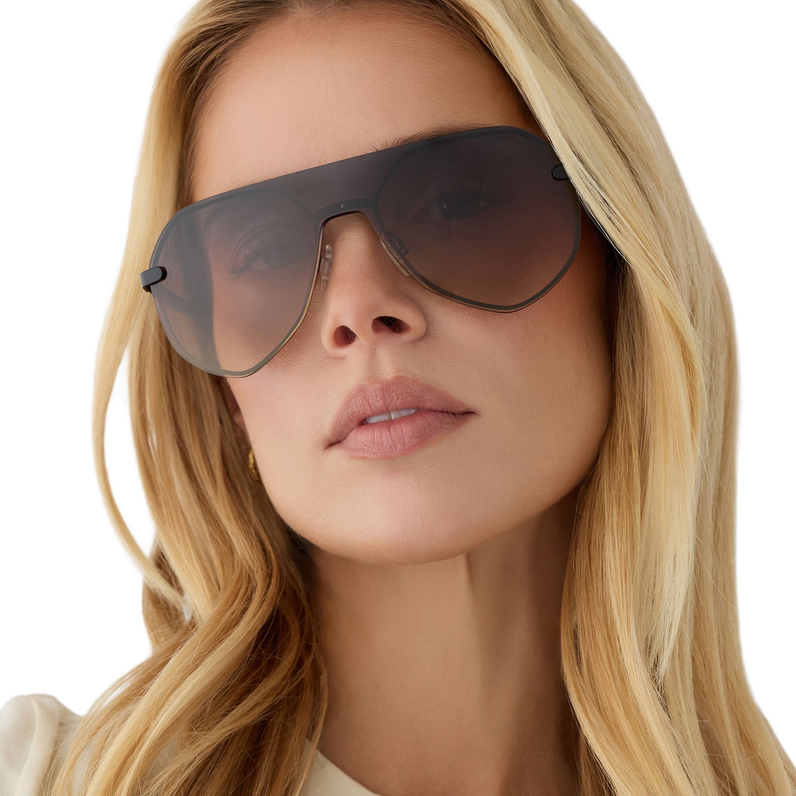 on model - blonde female wearing diff eyewear lonnie oversized aviator sunglasses with a black metal frame and twilight gradient polarized lenses front view