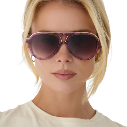 on model - blonde female wearing diff eyewear tosca iii oversized aviator sunglasses with a lavender haze purple tortoise acetate frame and brown gradient lenses front view