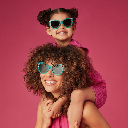 on model - mother and daughter wearing the disney princess x diff eyewear jasmine sunglasses and jasmine youth sunglasses