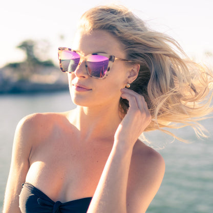 customer content - blonde female outdoors wearing Becky II sunglasses with cream tortoise frame and pink mirror lens