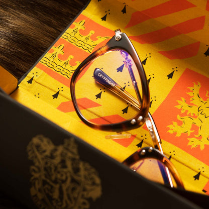 Flat-lay of Harry Potter x DIFF Gryffindor glasses lying folded on tri-fold case on top of brown fabric
