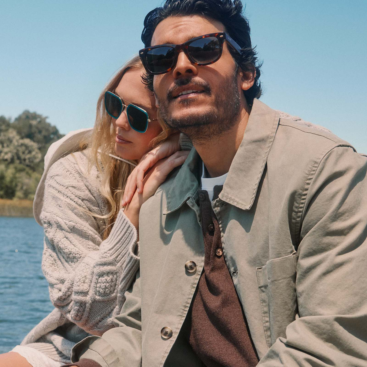 lifestyle - male wearing diff eyewear mercer square sunglasses with a rich tortoise acetate frame and g15 polarized lenses front view