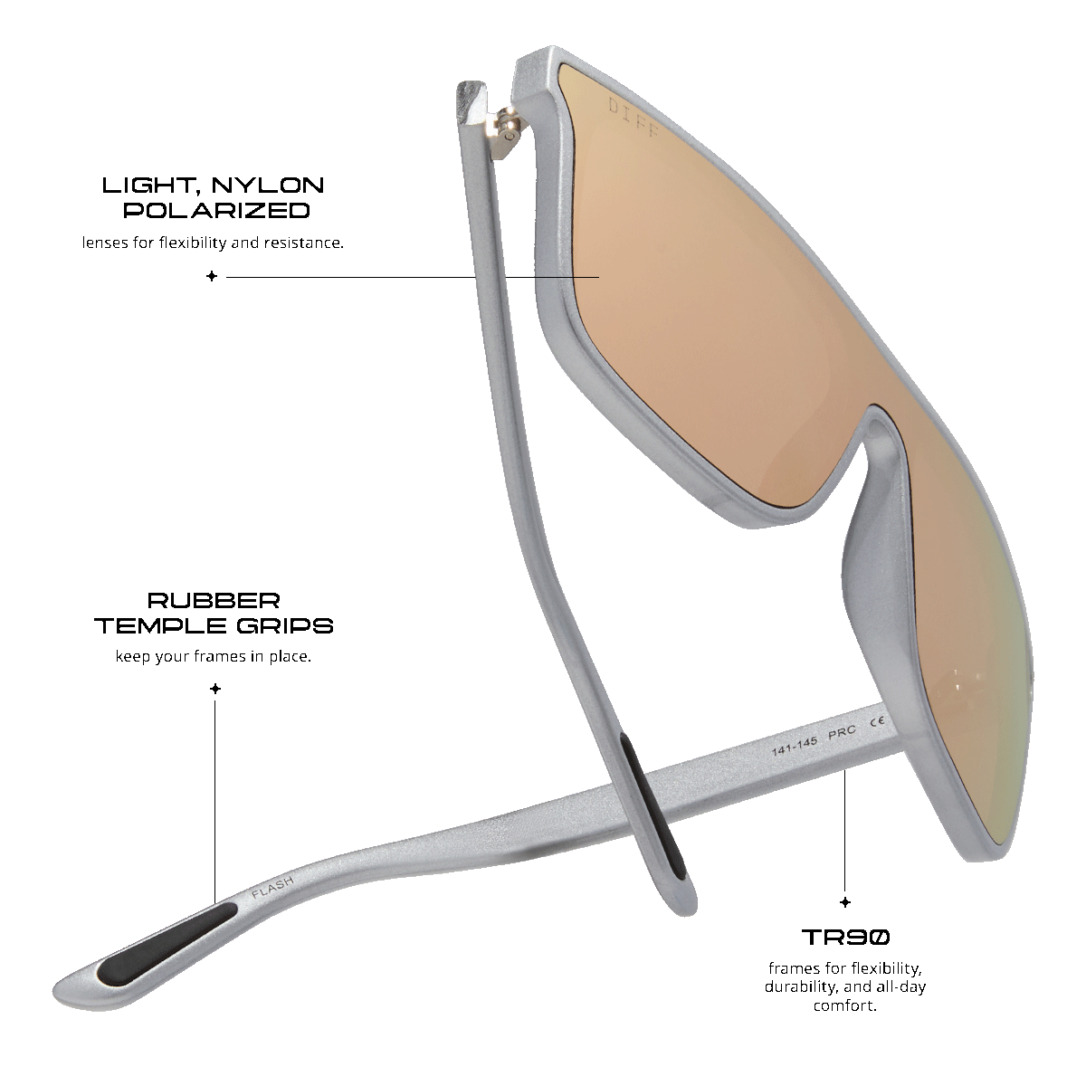 diff sport flash square sunglasses with a silver frame and peach mirror polarized lenses detailed information