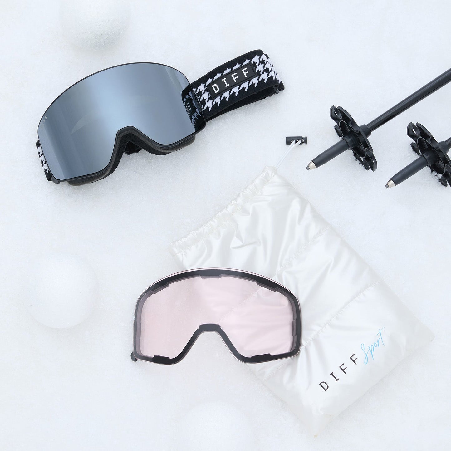  diff sports frost silver goggle with extra low light pink lens and pouch