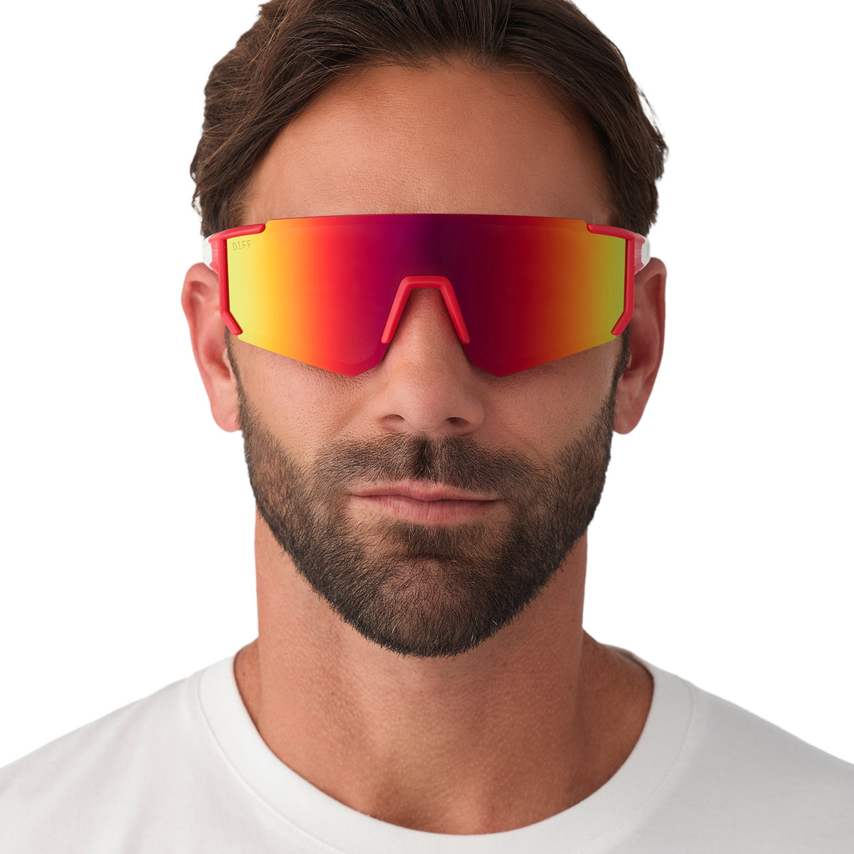 on model - male wearing diff sport featuring the heat shield sunglasses with a firecracker red frame and sunset mirror polarized lenses front view