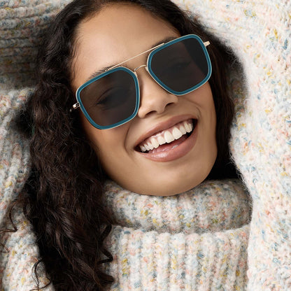 on model - female wearing diff eyewear featuring the jordan navigator sunglasses with a dark teal frame and grey polarized lenses front view