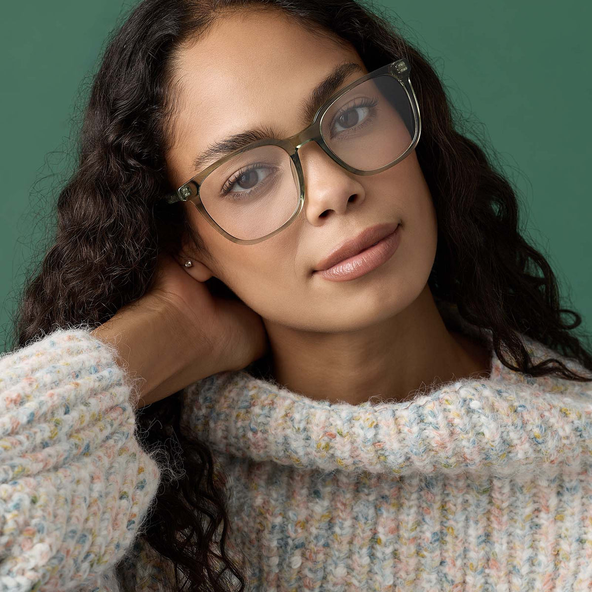 on model - female wearing diff eyewear featuring the parker square prescription glasses with a cool matcha green frame and prescription lenses front view