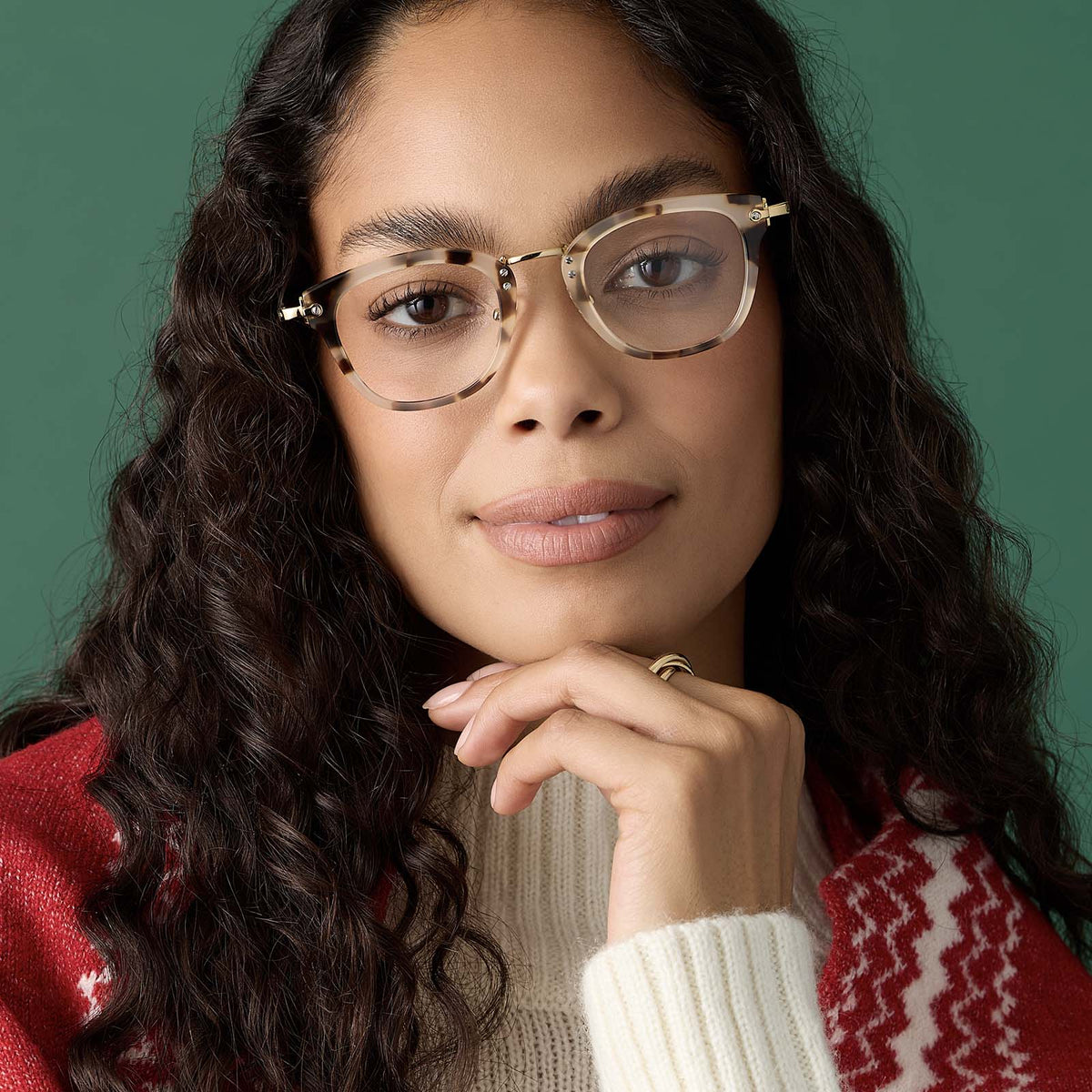 on model - female wearing rue cream tortoise glasses