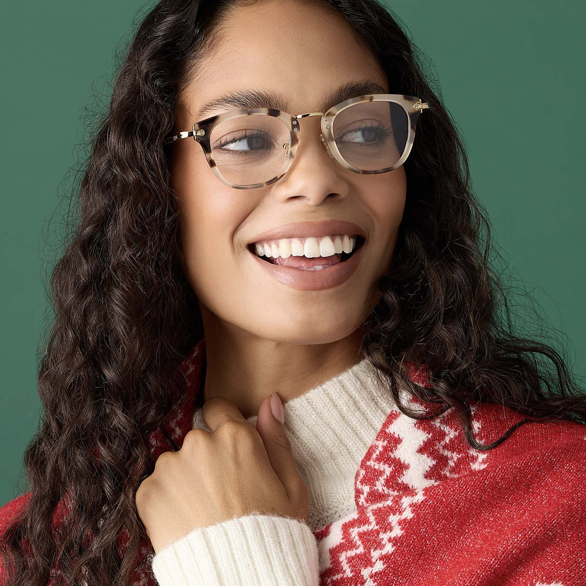 on model - female wearing rue cream tortoise glasses