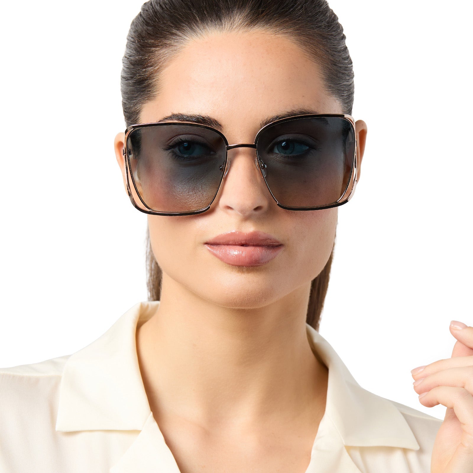 on model - female wearing iconica x diff eyewear francesca square oversized sunglasses with a champagne metal frame and paradiso blue polarized lenses front view