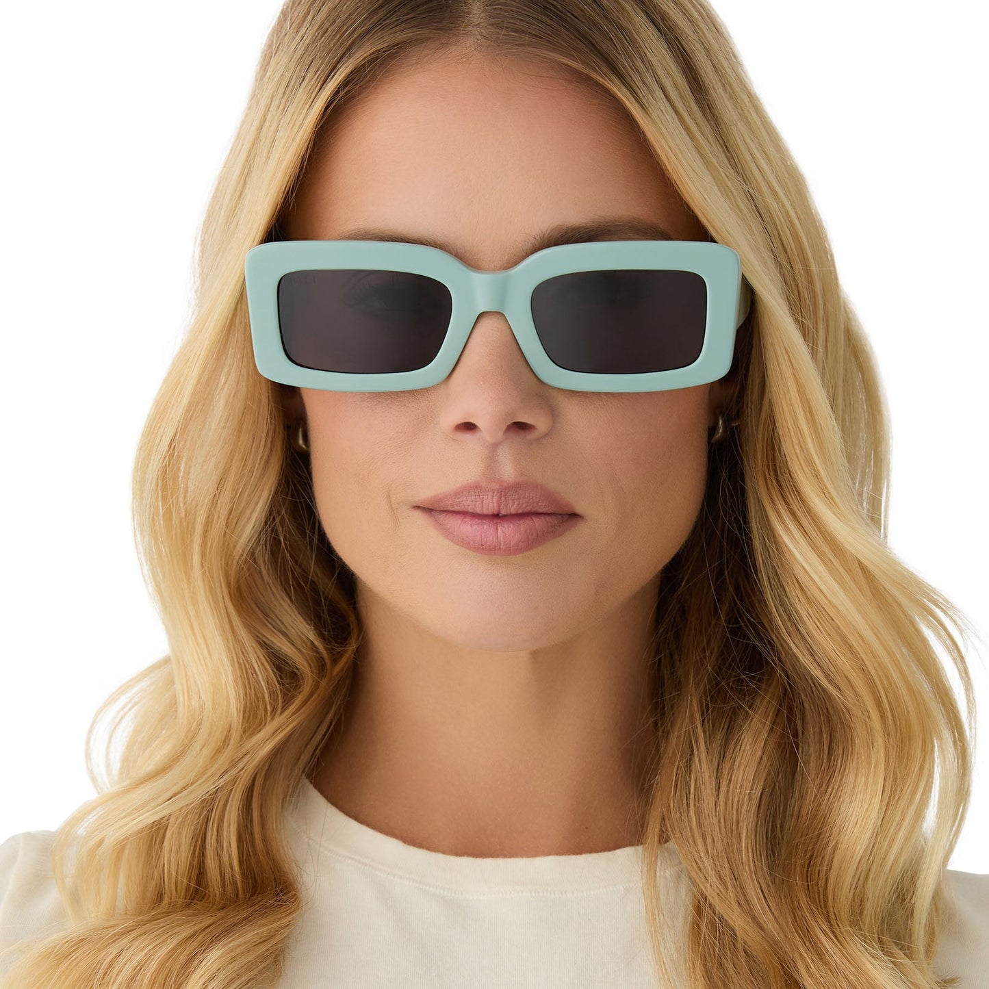 on model - female wearing diff eyewear featuring the indy rectangle sunglasses with a steel teal frame and grey polarized lenses front view