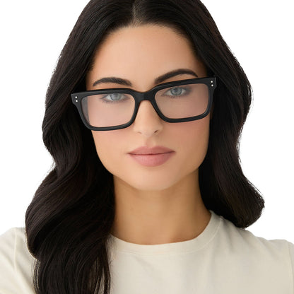 on model - female wearing diff eyewear yellowstone john dutton rectangular prescription glasses black frame front view