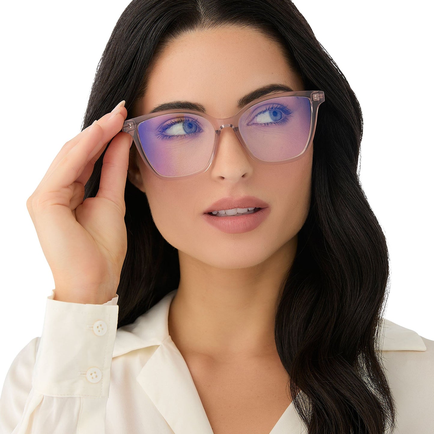 on model - female wearing diff eyewear featuring the leah square blue light readers with a light pink crystal frame front view