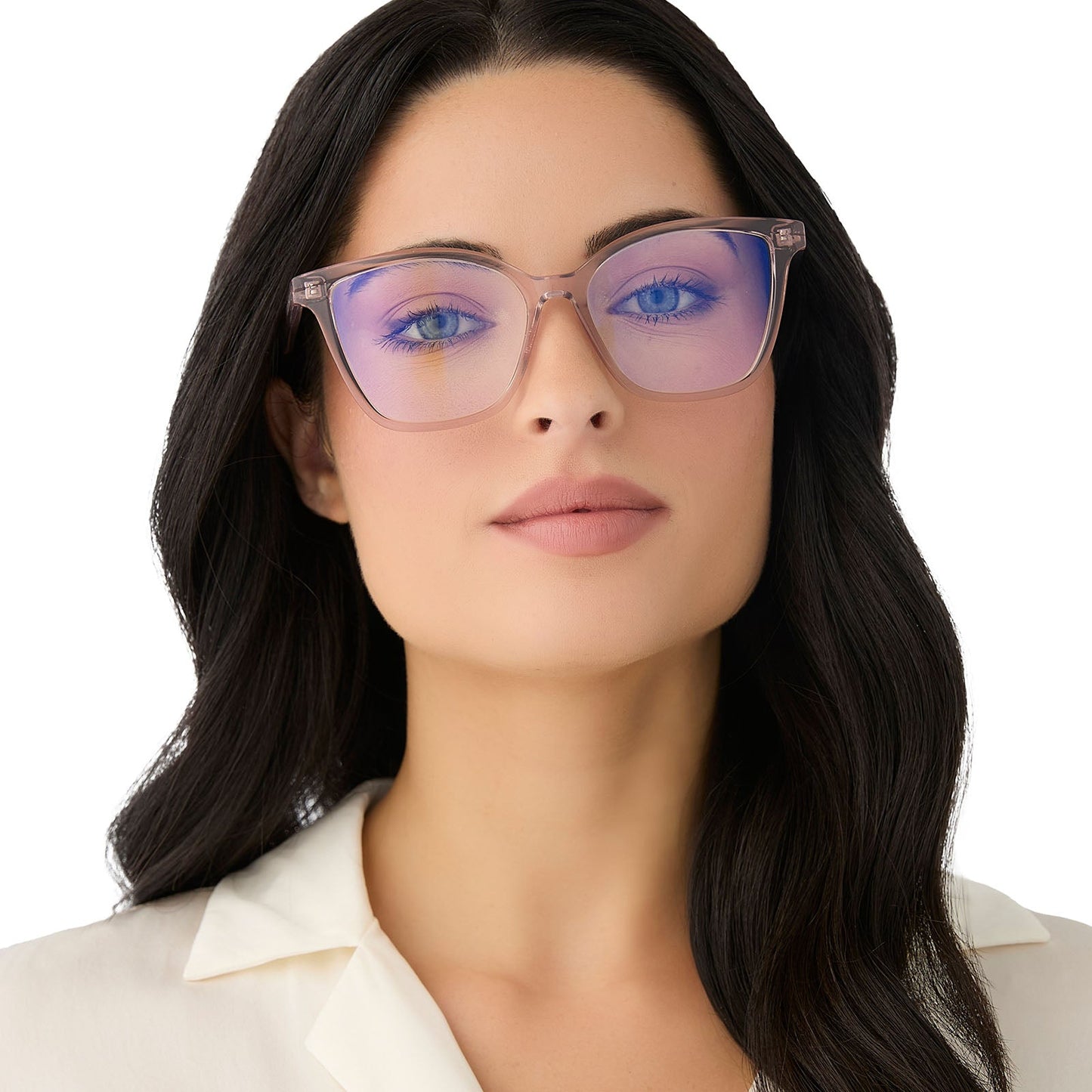 on model - female wearing diff eyewear featuring the leah square blue light readers with a light pink crystal frame front view