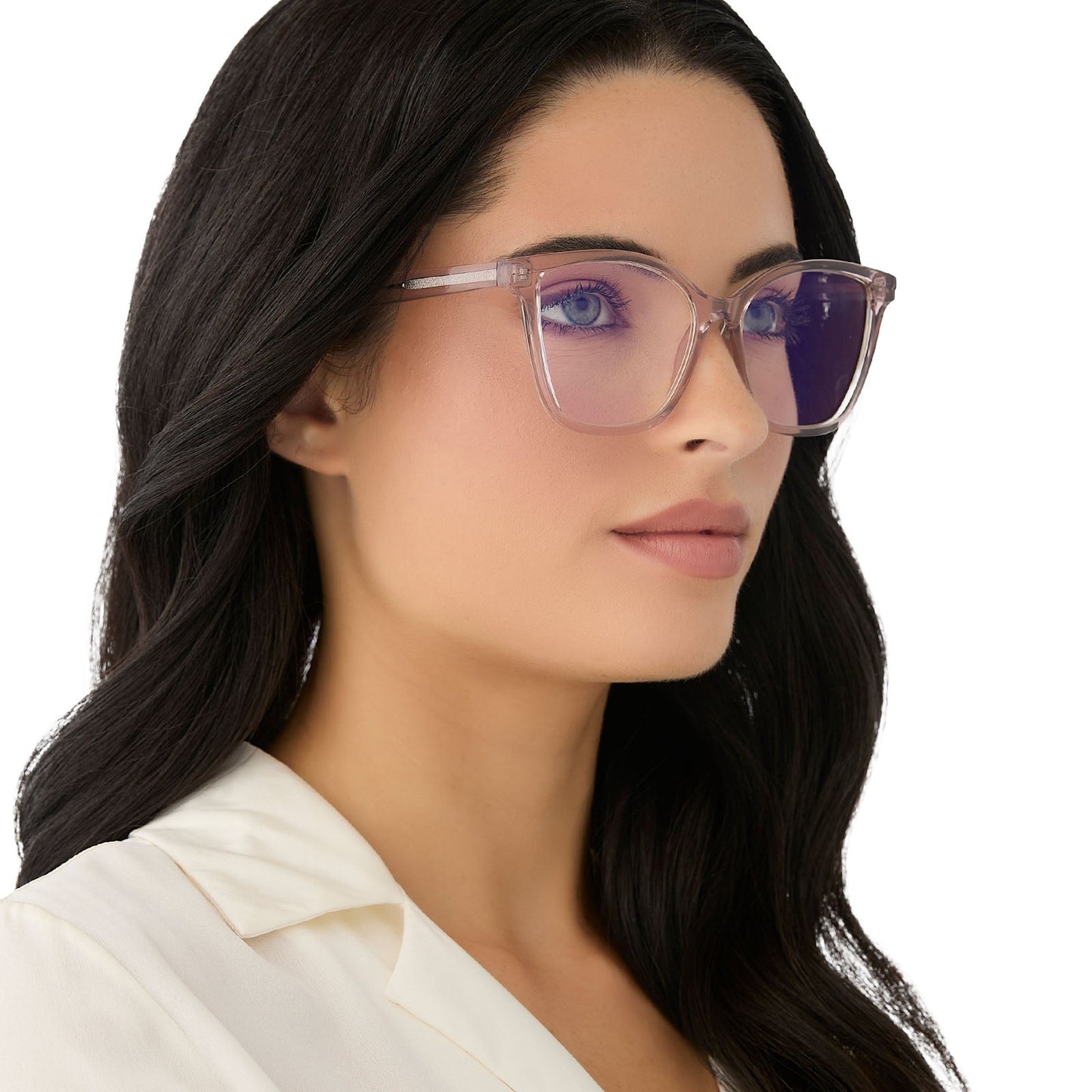 on model - female wearing diff eyewear featuring the leah square blue light readers with a light pink crystal frame side view