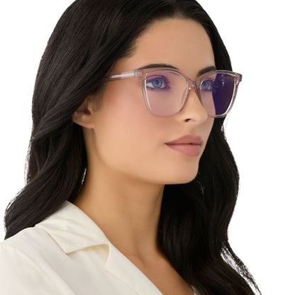 on model - female wearing diff eyewear featuring the leah square blue light readers with a light pink crystal frame side view