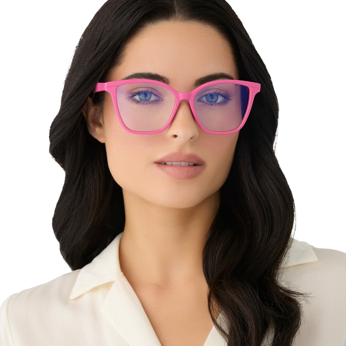 on model - female wearing diff eyewear featuring the leah square blue light readers with a peony pink frame front view