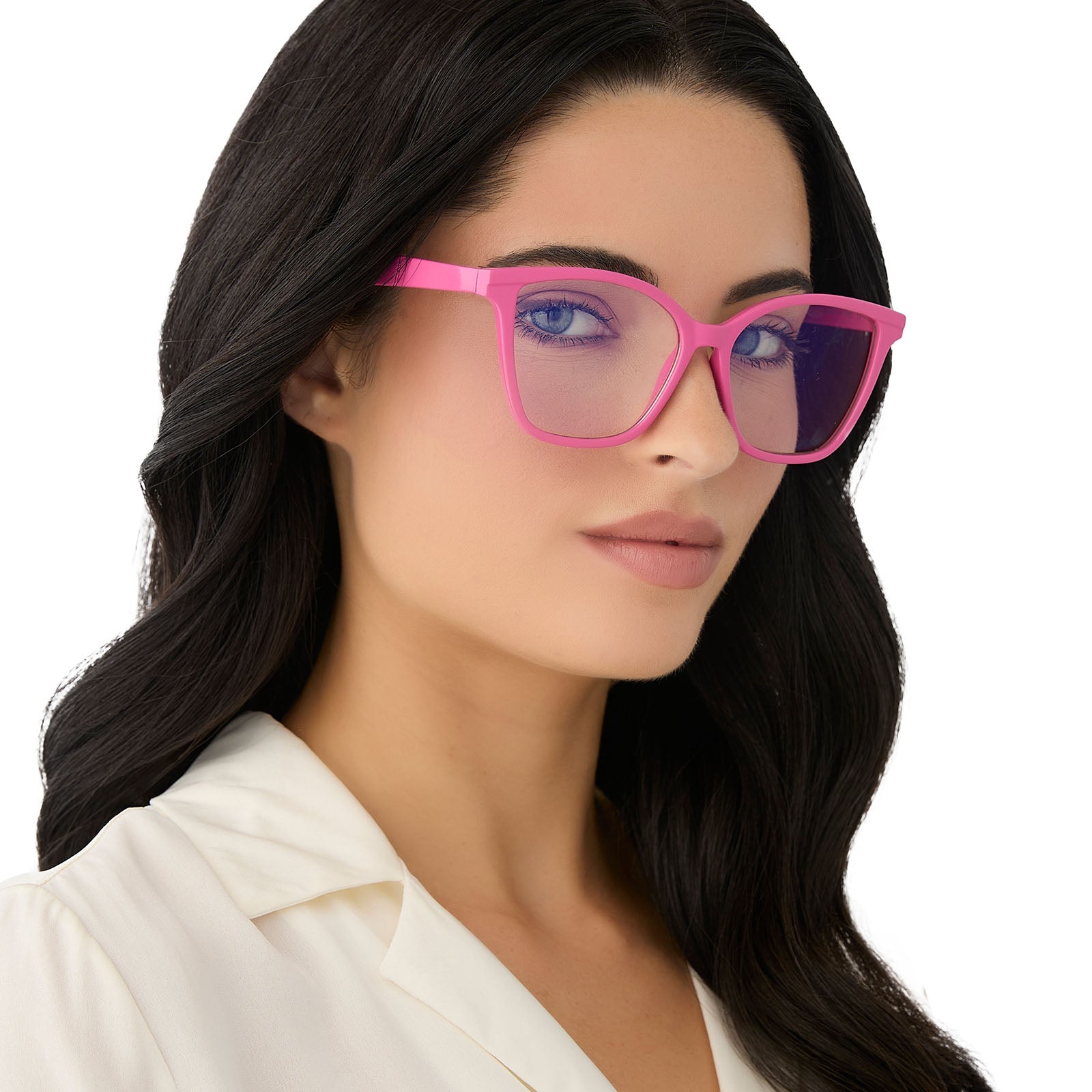 on model - female wearing diff eyewear featuring the leah square blue light readers with a peony pink frame angled view