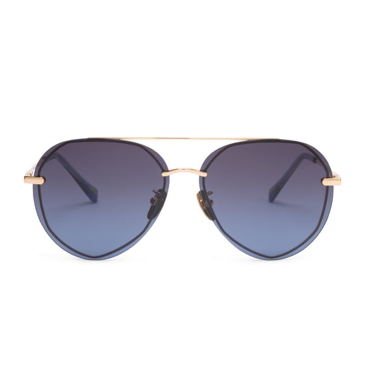 diff eyewear lenox aviator sunglasses with a gold metal frame and blue gradient polarized lenses front view