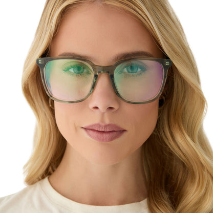 on model - female wearing diff eyewear featuring the parker square prescription glasses with a cool matcha green frame and prescription lenses front view