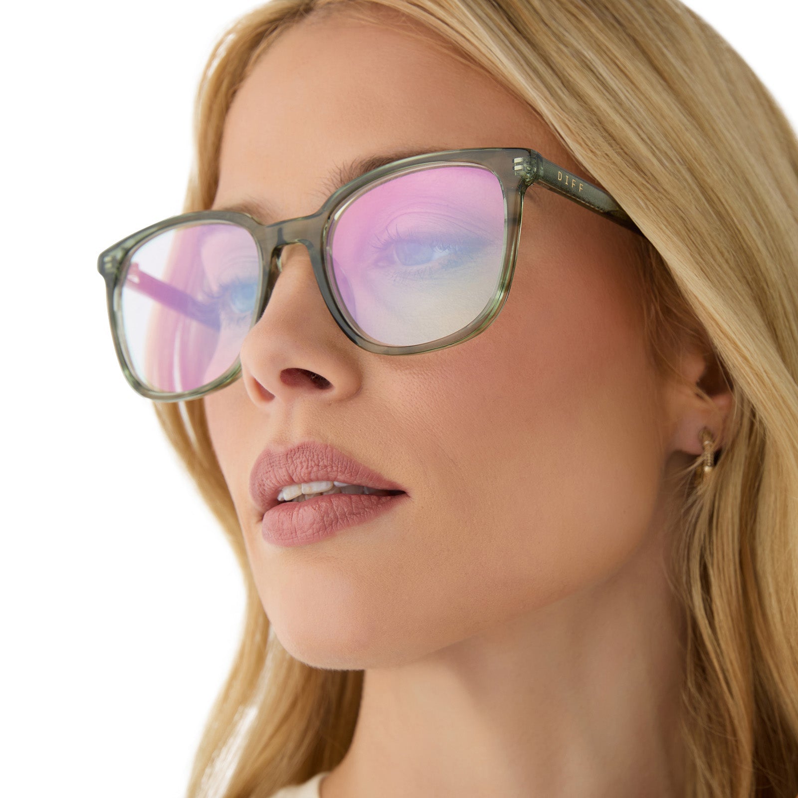 on model - female wearing diff eyewear featuring the parker square prescription glasses with a cool matcha green frame and prescription lenses angled view