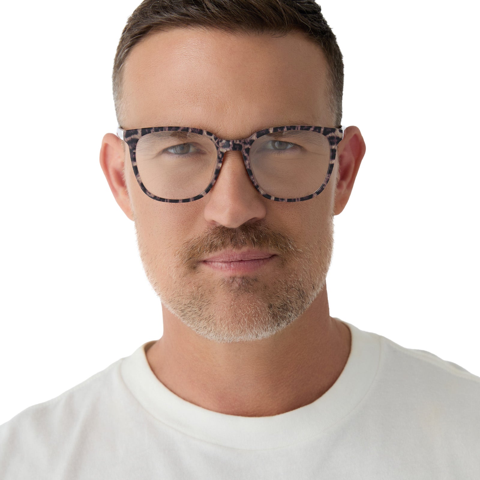 on model - male wearing diff eyewear featuring the parker square prescription glasses with a leopard tortoise frame front view