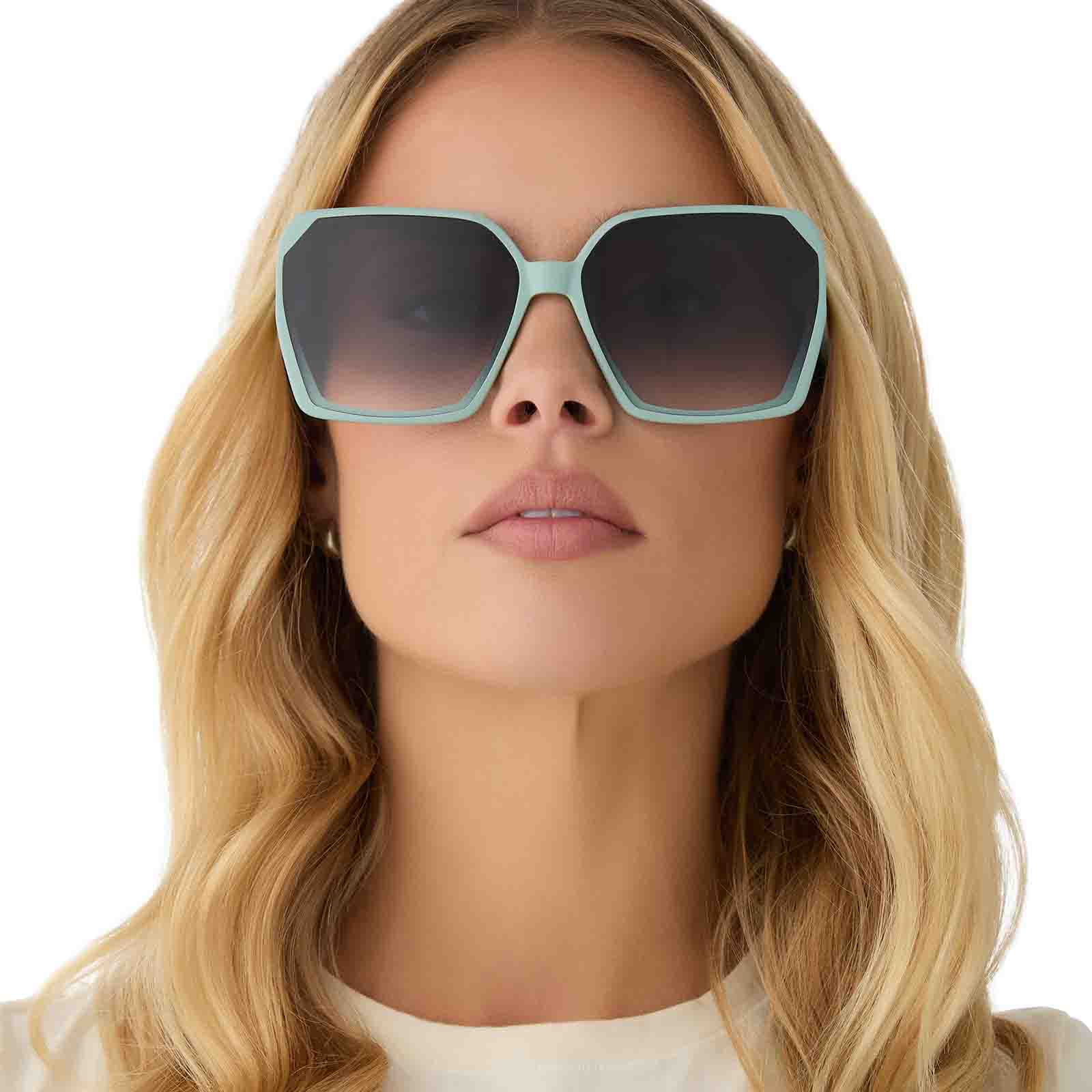 on model - female wearing diff eyewear featuring the presley square sunglasses with a steel teal frame and grey gradient lenses front view