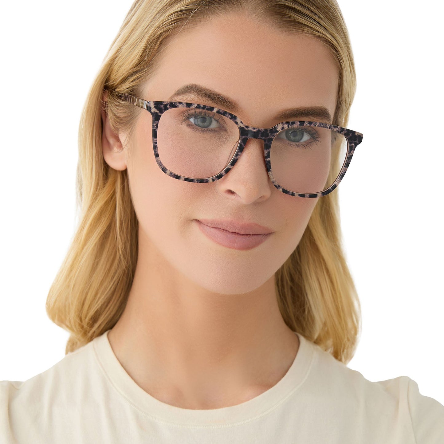 on model - female wearing diff eyewear featuring the parker square prescription glasses with a leopard tortoise frame front view