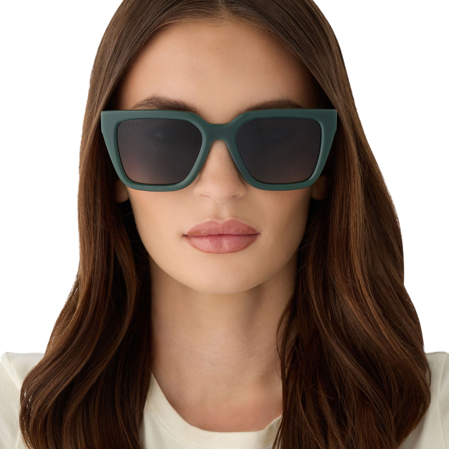 on model - female wearing diff eyewear featuring the amara square sunglasses with a fairway green acetate frame and grey gradient polarized lenses front view