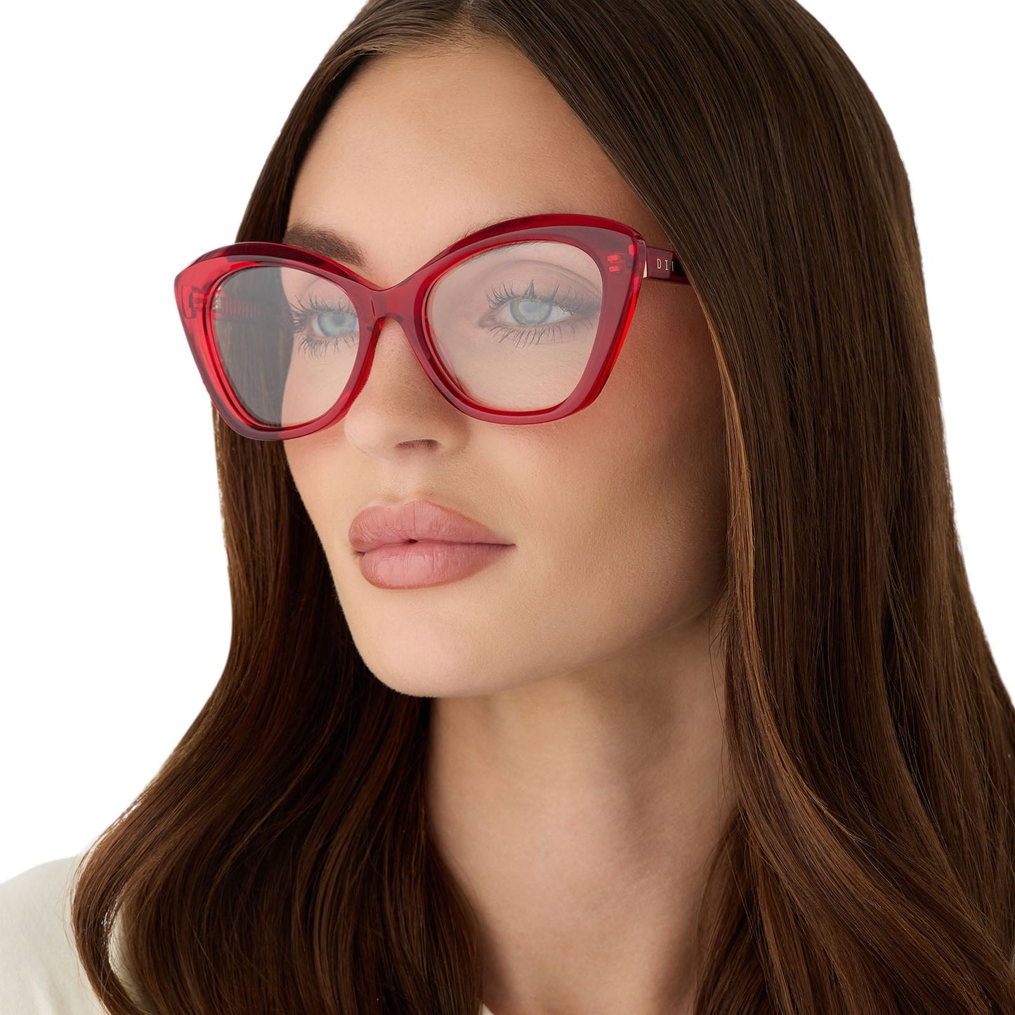 on model - female wearing diff eyewear featuring the betty cateye prescription glasses with a red hot summer frame angled view