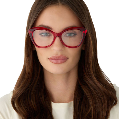 on model - female wearing diff eyewear featuring the betty cateye prescription glasses with a red hot summer frame front view