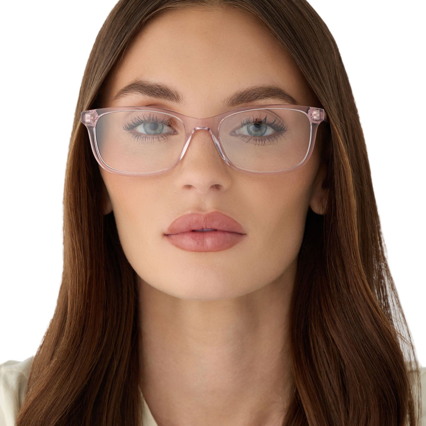 on model - female wearing diff eyewear featuring the bradford rectangle prescription glasses with a rose crystal frame front view