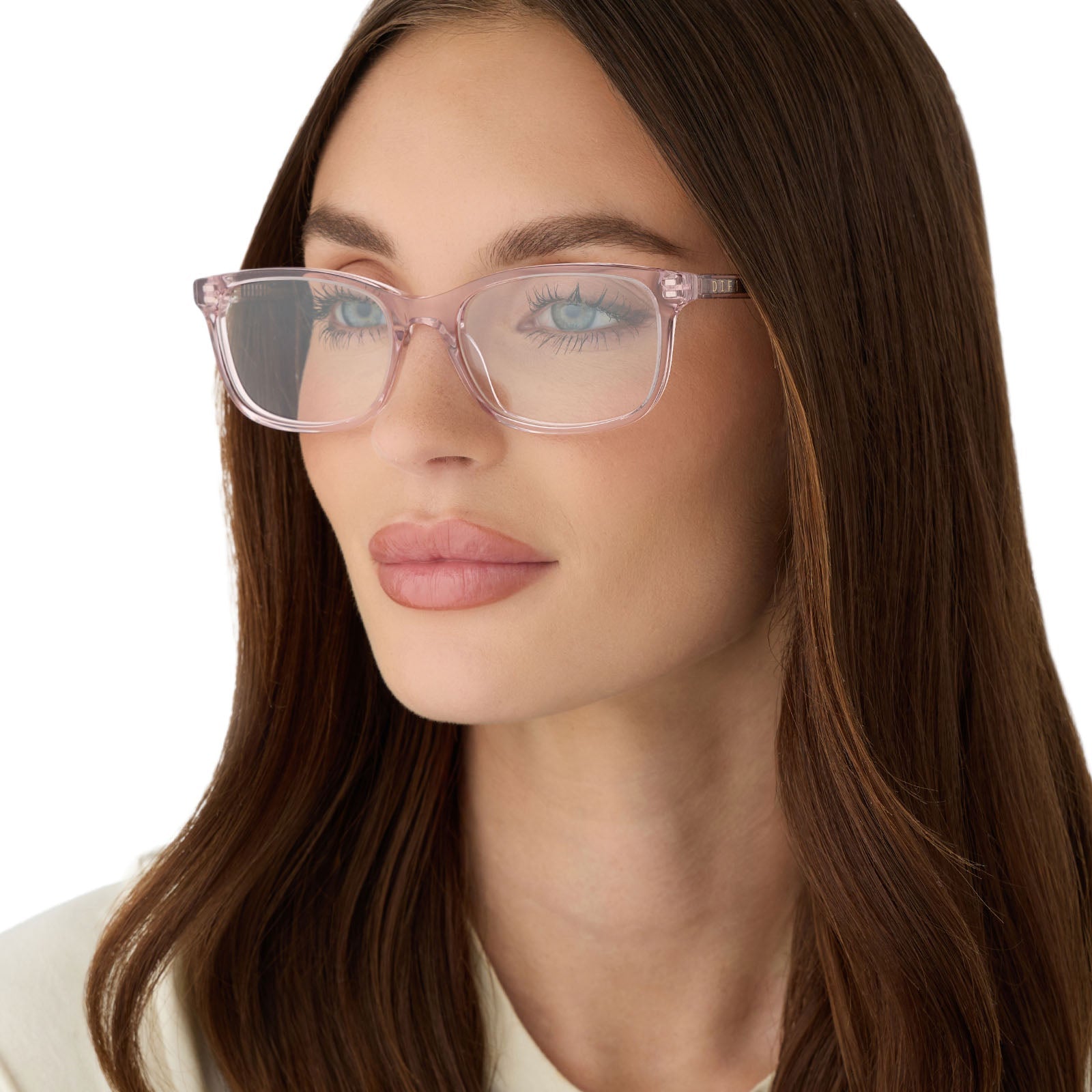 on model - female wearing diff eyewear featuring the bradford rectangle prescription glasses with a rose crystal frame angled view